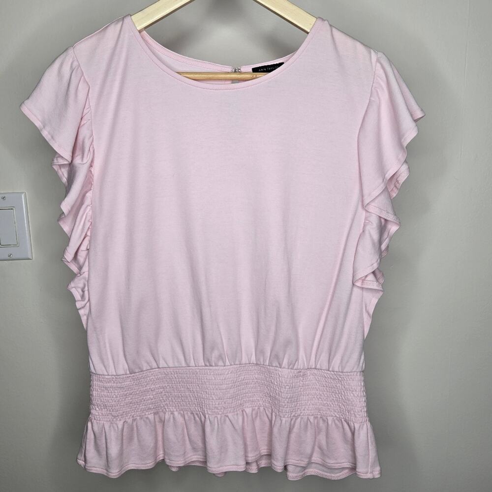 ANN TAYLOR Pink Ruffle Sleeve Top Elastic Smocking Waist Size M
